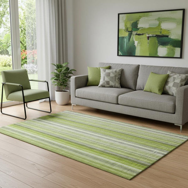 HomeRoots 5' X 8' Green And Ivory Striped Area Rug - Washable, UV-Protected, Durable & Stylish for High-Traffic Areas 648384