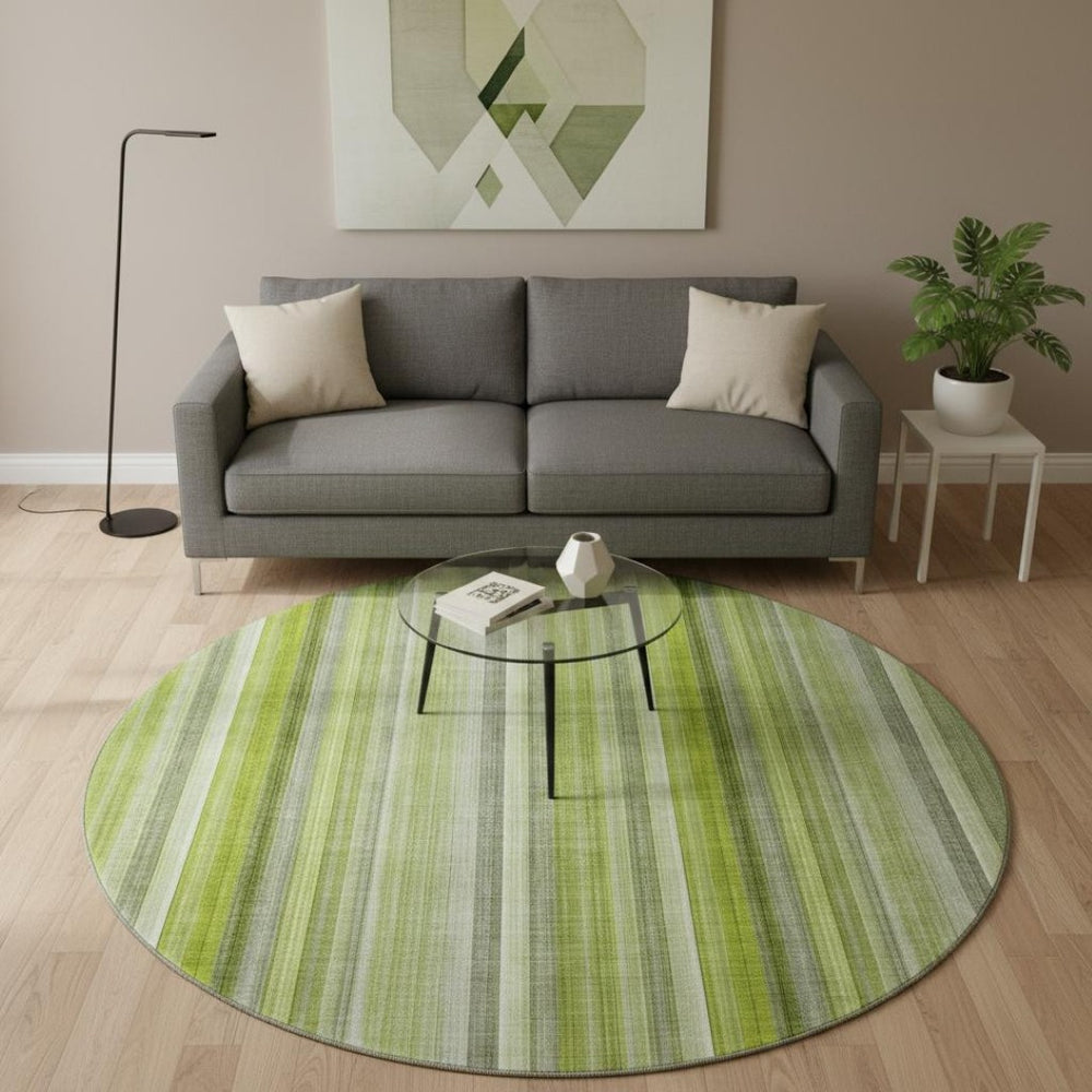 HomeRoots 8' Green And Ivory Striped Washable Round Rug – UV Protected, Stain Resistant, Easy-Care Home Essential 648385