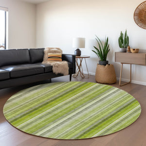 HomeRoots 8' Green And Ivory Striped Washable Round Rug – UV Protected, Stain Resistant, Easy-Care Home Essential 648385