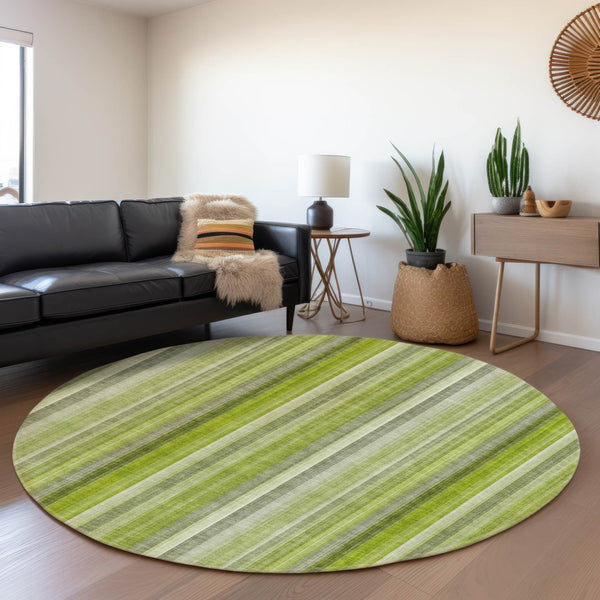 HomeRoots 8' Green And Ivory Striped Washable Round Rug – UV Protected, Stain Resistant, Easy-Care Home Essential 648385