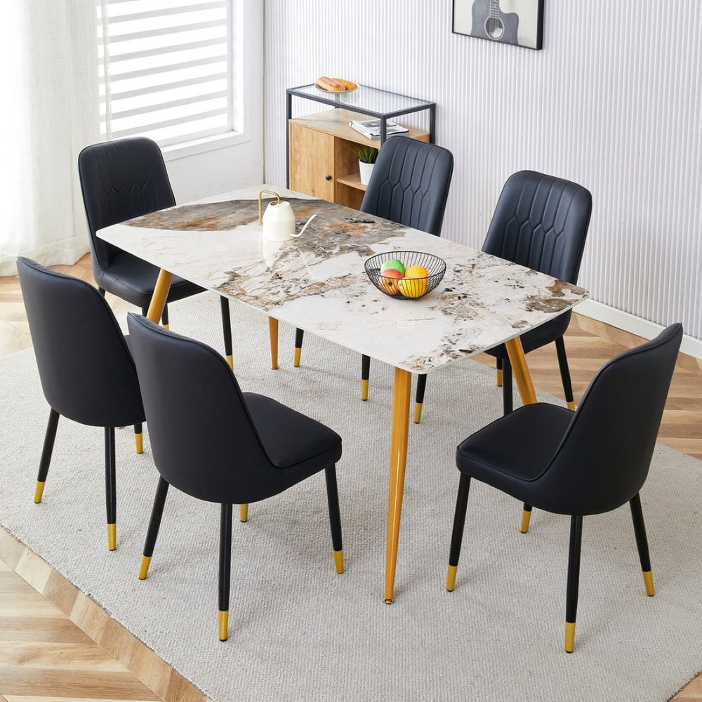 English Elm Table & Chair Set - Modern Minimalist Design With White Marble Top & Golden Legs, Seats 6 Comfortably W1151S01668-GIGA