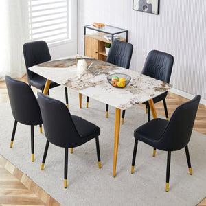 English Elm Table & Chair Set - Modern Minimalist Design With White Marble Top & Golden Legs, Seats 6 Comfortably W1151S01668-GIGA