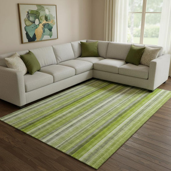 HomeRoots 9' X 12' Green And Ivory Striped Area Rug - Washable, Stain Resistant, UV Protected for Any Room 648387