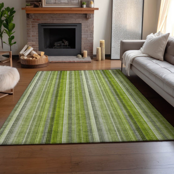 HomeRoots 9' X 12' Green And Ivory Striped Area Rug - Washable, Stain Resistant, UV Protected for Any Room 648387