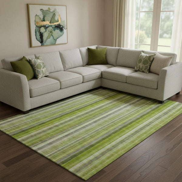 HomeRoots 10' X 14' Green and Ivory Striped Washable Area Rug - Durable, Stain-Resistant, UV Protected Design 648388