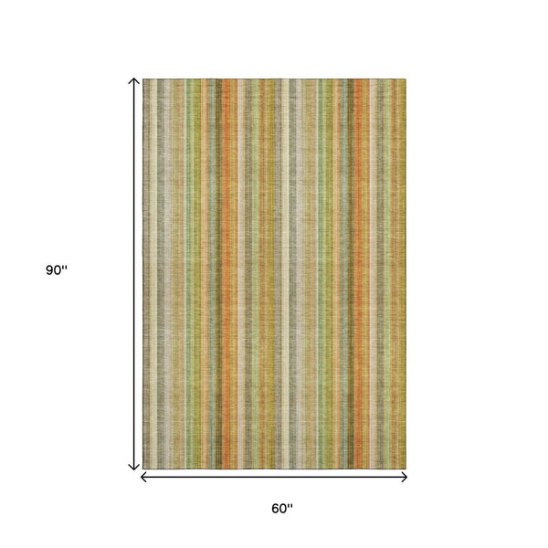 HomeRoots 5' Transitional Washable Area Rug - Khaki, Orange & Beige Stripes with UV Protection for Durability 648390