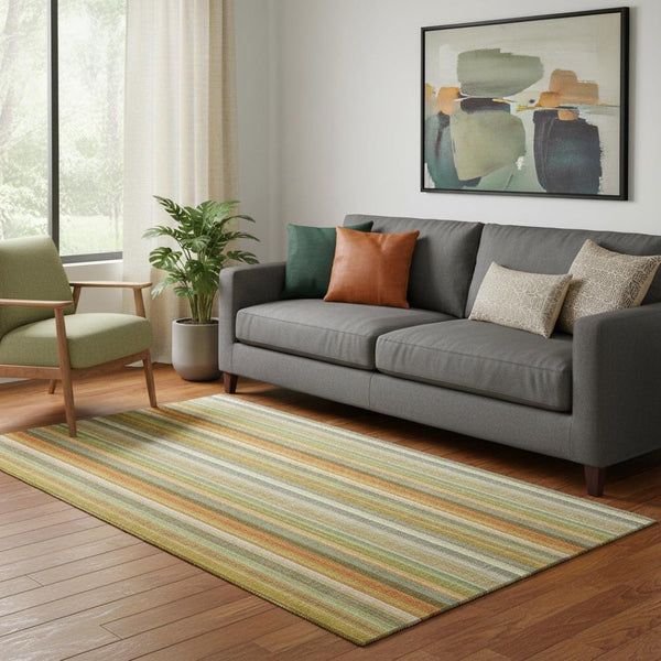 HomeRoots 5' Transitional Washable Area Rug - Khaki, Orange & Beige Stripes with UV Protection for Durability 648390