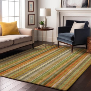 HomeRoots 5' Transitional Washable Area Rug - Khaki, Orange & Beige Stripes with UV Protection for Durability 648390