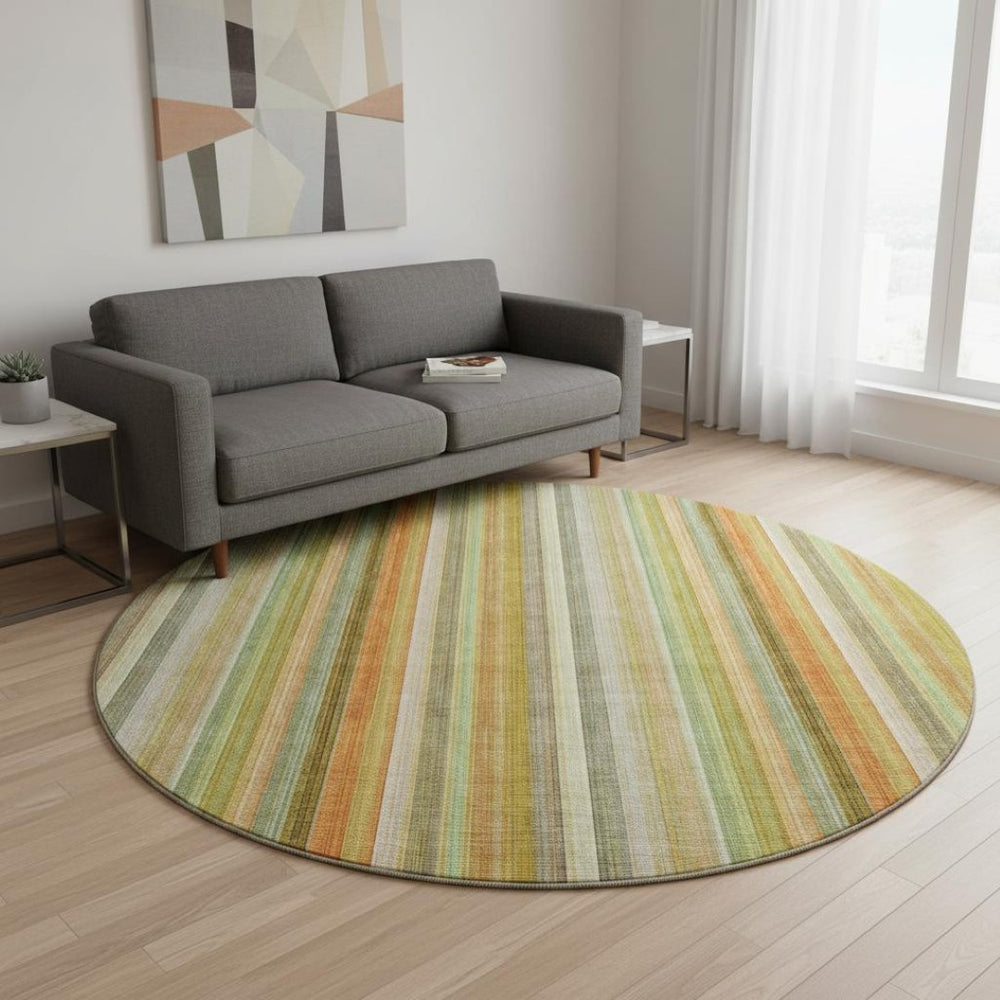 HomeRoots 8' Washable Round Rug in Khaki, Orange & Beige Stripes - UV Protected, Durable for High-Traffic Areas 648391