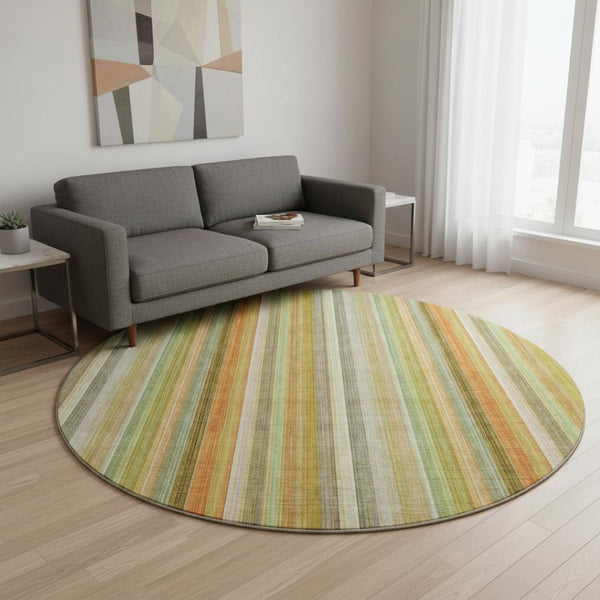 HomeRoots 8' Washable Round Rug in Khaki, Orange & Beige Stripes - UV Protected, Durable for High-Traffic Areas 648391