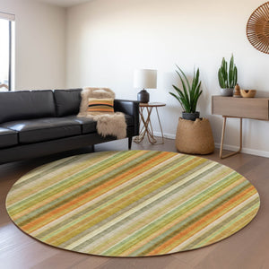 HomeRoots 8' Washable Round Rug in Khaki, Orange & Beige Stripes - UV Protected, Durable for High-Traffic Areas 648391