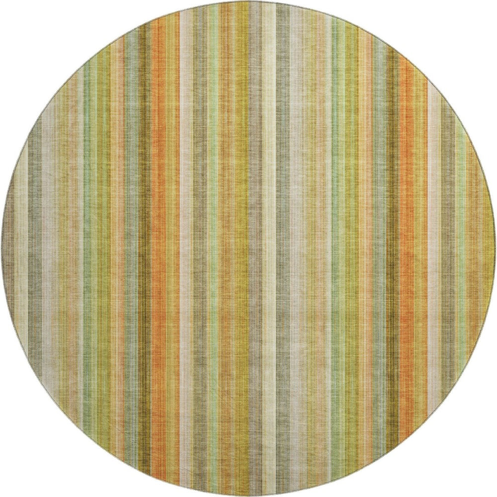 HomeRoots 8' Washable Round Rug in Khaki, Orange & Beige Stripes - UV Protected, Durable for High-Traffic Areas 648391