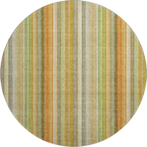 HomeRoots 8' Washable Round Rug in Khaki, Orange & Beige Stripes - UV Protected, Durable for High-Traffic Areas 648391