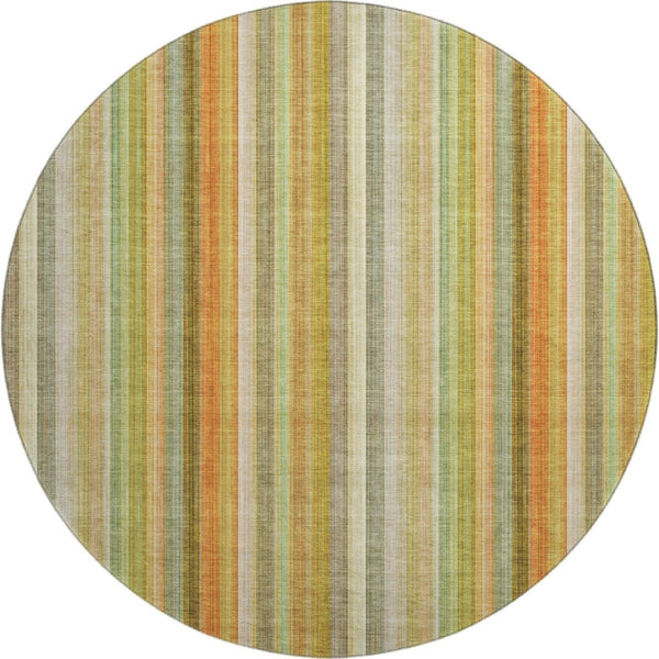 HomeRoots 8' Washable Round Rug in Khaki, Orange & Beige Stripes - UV Protected, Durable for High-Traffic Areas 648391