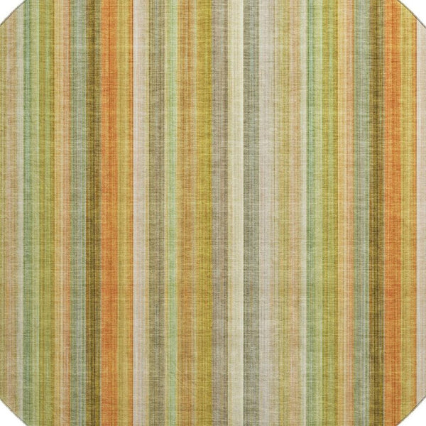 HomeRoots 8' Washable Round Rug in Khaki, Orange & Beige Stripes - UV Protected, Durable for High-Traffic Areas 648391