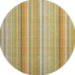 HomeRoots 8' Washable Round Rug in Khaki, Orange & Beige Stripes - UV Protected, Durable for High-Traffic Areas 648391