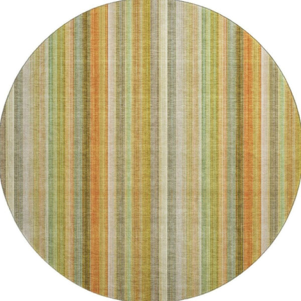HomeRoots 8' Washable Round Rug in Khaki, Orange & Beige Stripes - UV Protected, Durable for High-Traffic Areas 648391