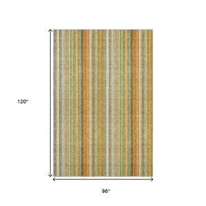 HomeRoots 8' X 10' Stylish Khaki Orange Beige Striped Washable Area Rug with UV Protection for Busy Homes 648392