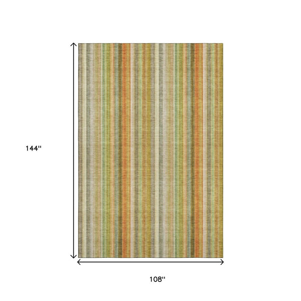 HomeRoots 9' Khaki Orange & Beige Striped Area Rug - Washable, UV Protected, Stain Resistant for Busy Homes 648393