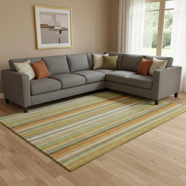 HomeRoots 9' Khaki Orange & Beige Striped Area Rug - Washable, UV Protected, Stain Resistant for Busy Homes 648393