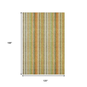 HomeRoots 10' Washable Area Rug - Khaki, Orange & Beige Stripes with UV Protection for Durable Living Spaces 648394