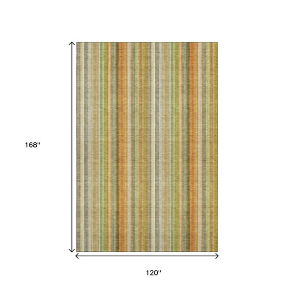 HomeRoots 10' Washable Area Rug - Khaki, Orange & Beige Stripes with UV Protection for Durable Living Spaces 648394