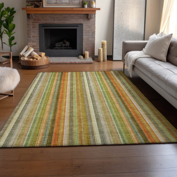 HomeRoots 10' Washable Area Rug - Khaki, Orange & Beige Stripes with UV Protection for Durable Living Spaces 648394