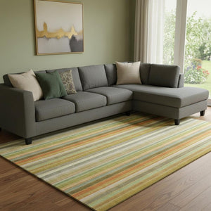 HomeRoots 10' Washable Area Rug - Khaki, Orange & Beige Stripes with UV Protection for Durable Living Spaces 648394