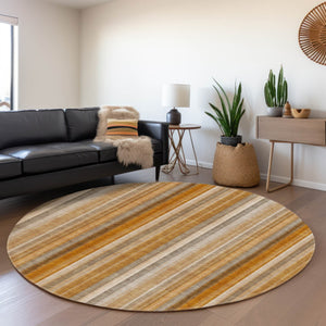HomeRoots 8' Durable Rust and Gray Striped Washable Round Rug with UV Protection for High-Traffic Spaces 648397