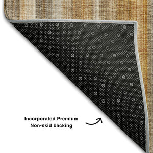 HomeRoots 8' Durable Rust and Gray Striped Washable Round Rug with UV Protection for High-Traffic Spaces 648397