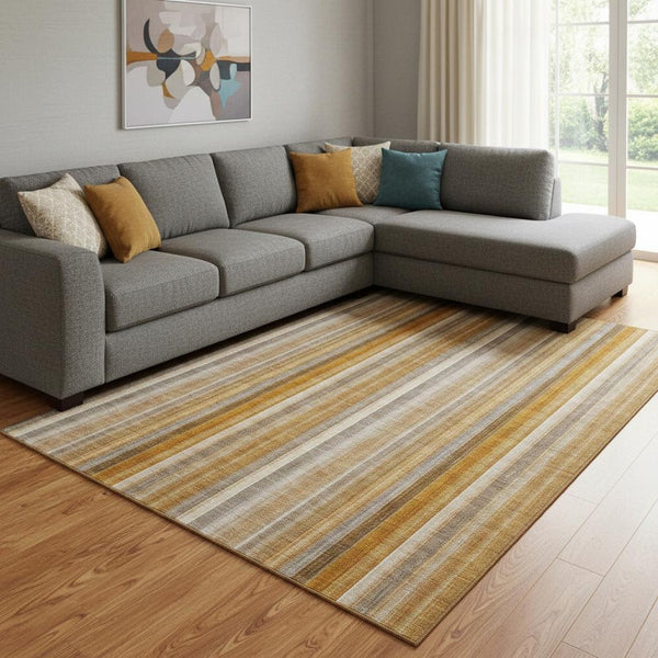 HomeRoots 9' X 12' Washable Rust and Gray Striped Area Rug - Durable, UV-Protected, Ideal for Families & Pets 648399