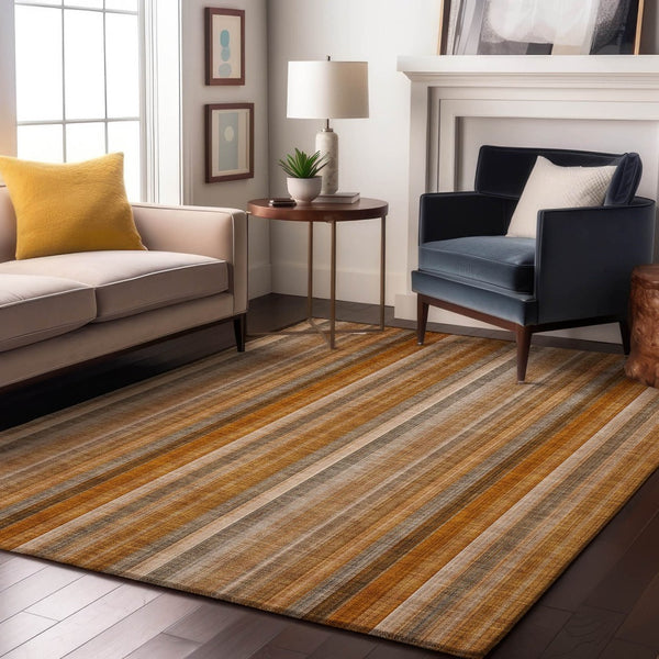 HomeRoots 9' X 12' Washable Rust and Gray Striped Area Rug - Durable, UV-Protected, Ideal for Families & Pets 648399