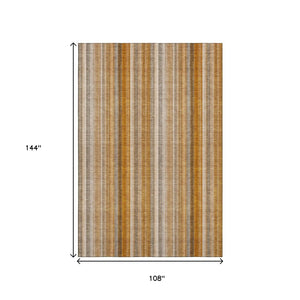 HomeRoots 9' X 12' Washable Rust and Gray Striped Area Rug - Durable, UV-Protected, Ideal for Families & Pets 648399