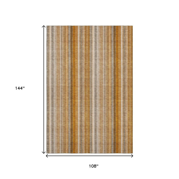 HomeRoots 9' X 12' Washable Rust and Gray Striped Area Rug - Durable, UV-Protected, Ideal for Families & Pets 648399