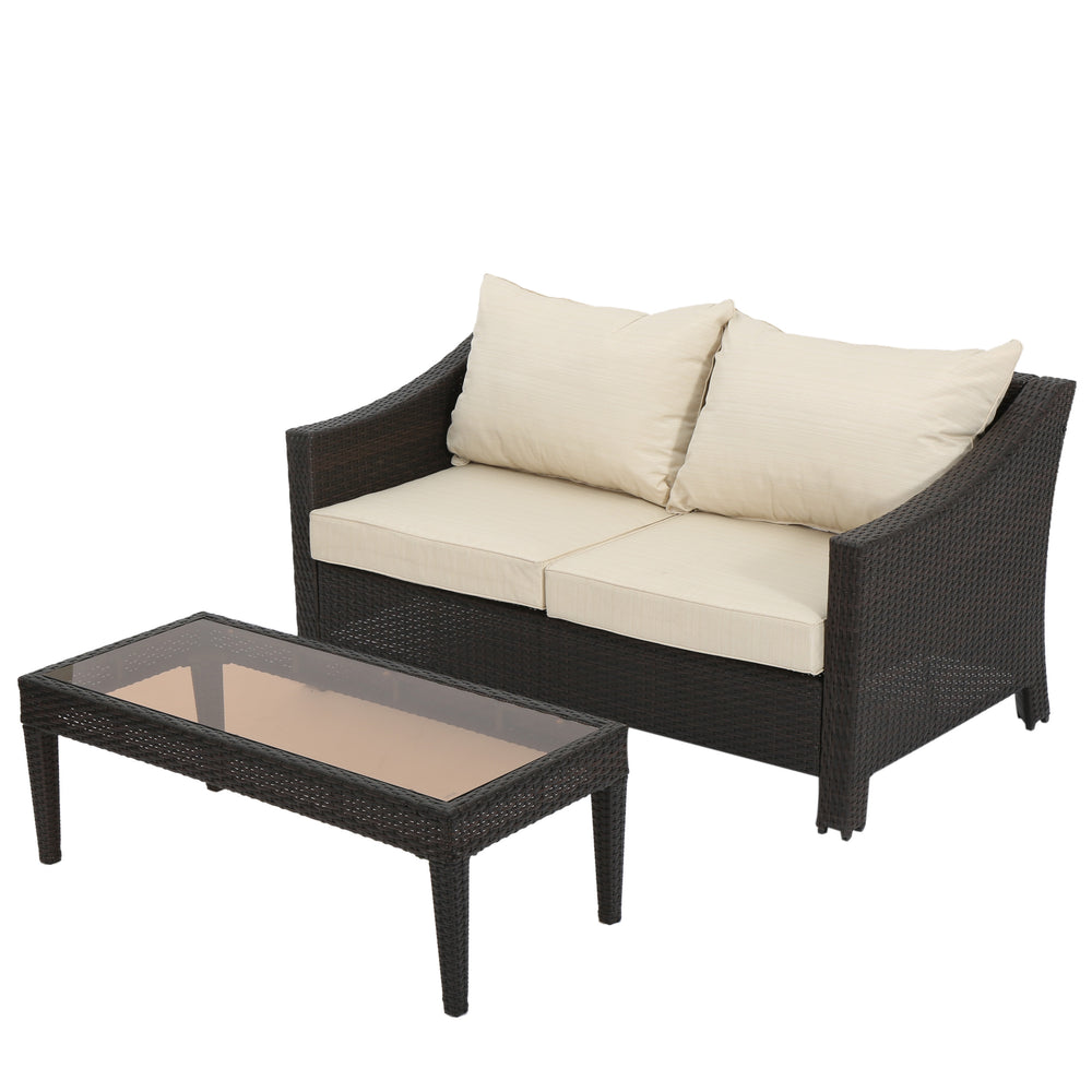 English Elm Christopher Knight Home® - ANTIBES RATTAN LOVESEAT SET WITH SIDE TABLE – Weatherproof PE Wicker, Iron Frame, Compact Patio Seating Brown 57088.00SET