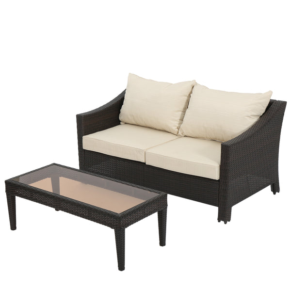 English Elm Christopher Knight Home® - ANTIBES RATTAN LOVESEAT SET WITH SIDE TABLE – Weatherproof PE Wicker, Iron Frame, Compact Patio Seating Brown 57088.00SET