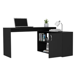 English Elm Dallas L-Shaped Home Office Desk with Cabinet, Two Shelves, Thick Top, Heavy Load Capacity, Black B128S00028