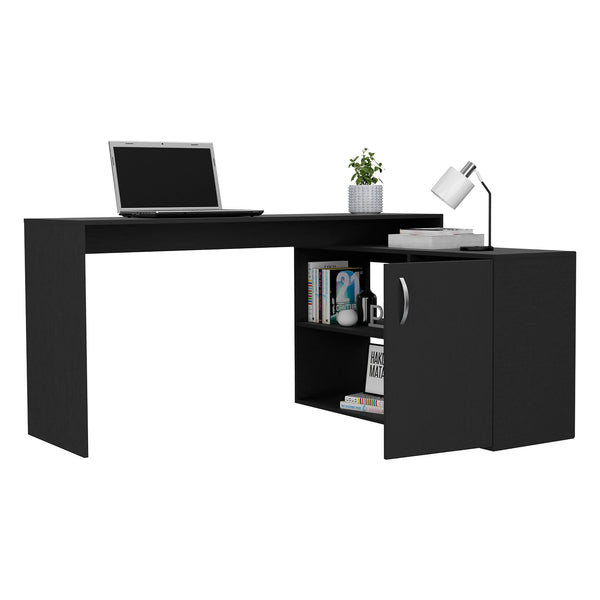 English Elm Dallas L-Shaped Home Office Desk with Cabinet, Two Shelves, Thick Top, Heavy Load Capacity, Black B128S00028