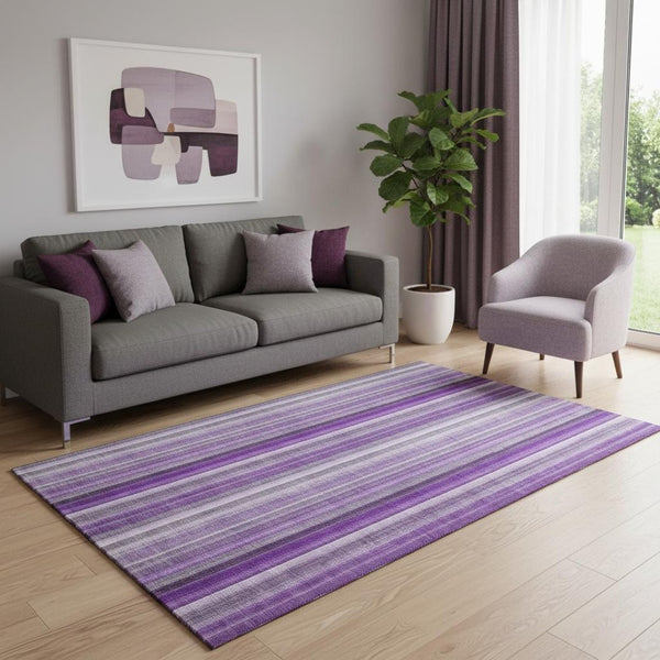 HomeRoots 5' X 8' Washable Purple and Ivory Striped Area Rug with UV Protection for Homes and Patios 648402