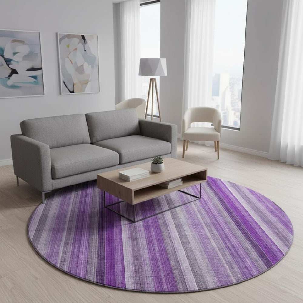 HomeRoots 8' Bold Purple and Ivory Striped Washable Round Rug with UV Protection for High-Traffic Spaces 648403