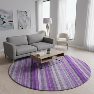 HomeRoots 8' Bold Purple and Ivory Striped Washable Round Rug with UV Protection for High-Traffic Spaces 648403