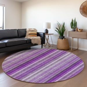 HomeRoots 8' Bold Purple and Ivory Striped Washable Round Rug with UV Protection for High-Traffic Spaces 648403