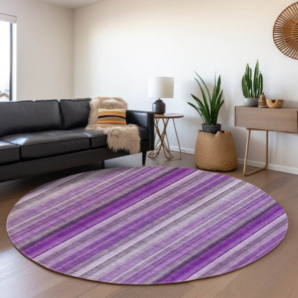 HomeRoots 8' Bold Purple and Ivory Striped Washable Round Rug with UV Protection for High-Traffic Spaces 648403