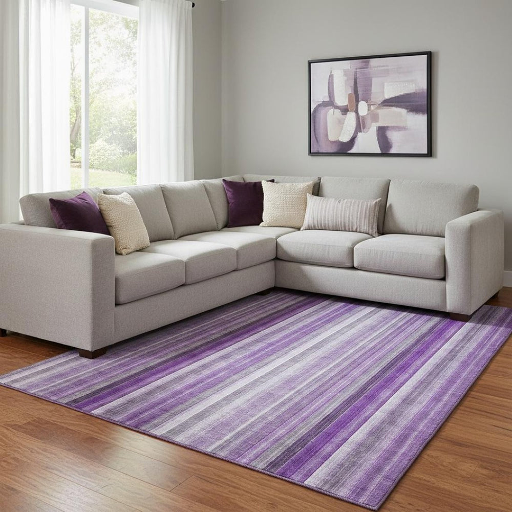 HomeRoots 10' X 14' Striped Washable Area Rug in Purple & Ivory - Durable, UV Protected for Any Space! 648406
