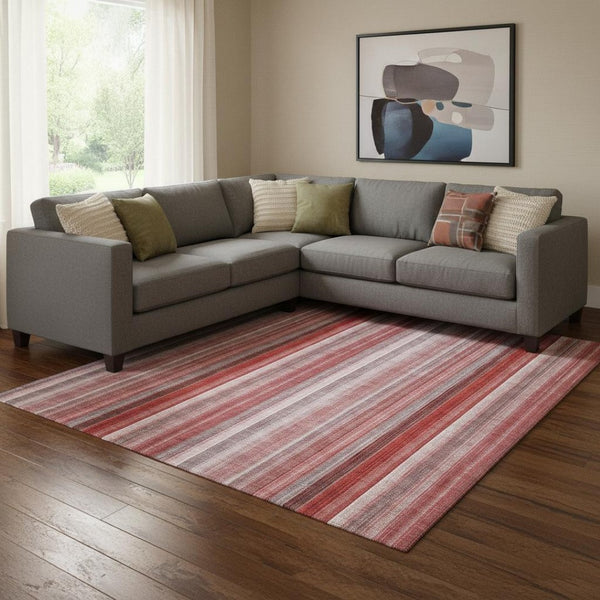 HomeRoots 10' Red and Ivory Striped Washable Area Rug - Durable, UV-Protected, Stain-Resistant, Easy Care! 648412