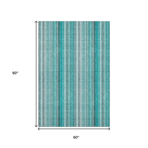 HomeRoots 5' Stylish Teal and Ivory Striped Washable Area Rug with UV Protection for Coastal Living Spaces 648414
