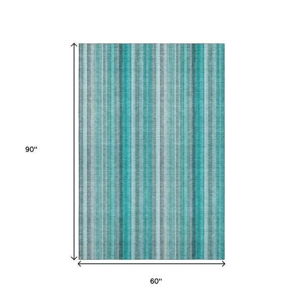 HomeRoots 5' Stylish Teal and Ivory Striped Washable Area Rug with UV Protection for Coastal Living Spaces 648414