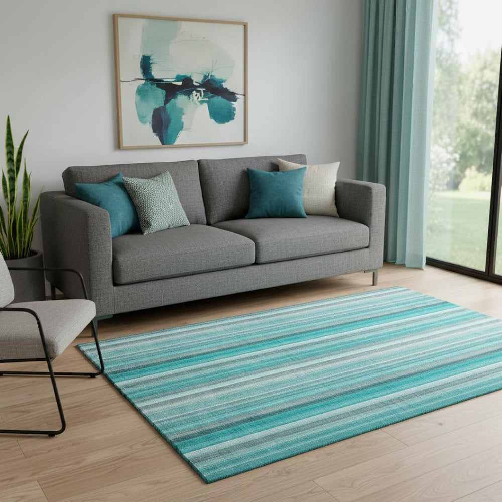 HomeRoots 5' Stylish Teal and Ivory Striped Washable Area Rug with UV Protection for Coastal Living Spaces 648414