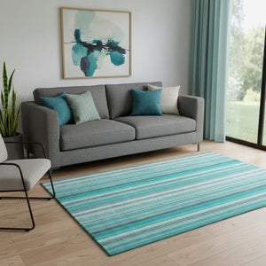 HomeRoots 5' Stylish Teal and Ivory Striped Washable Area Rug with UV Protection for Coastal Living Spaces 648414