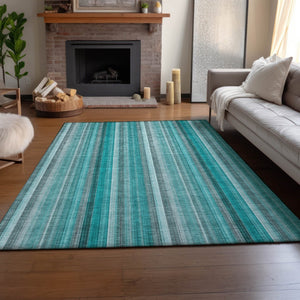 HomeRoots 5' Stylish Teal and Ivory Striped Washable Area Rug with UV Protection for Coastal Living Spaces 648414